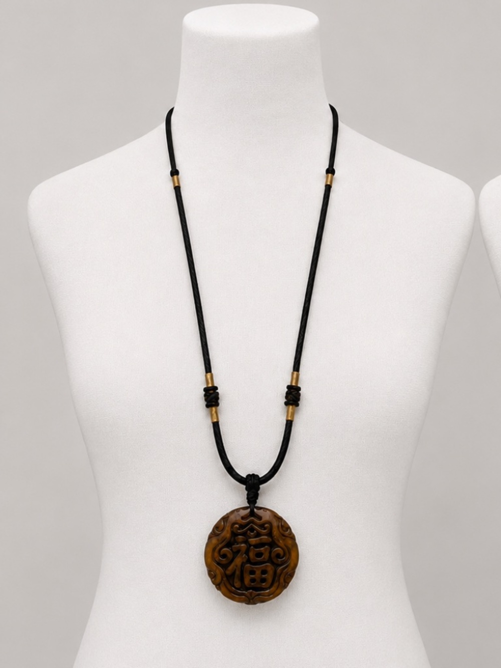 Chinese Blessing & Protection Pendant Necklace with Adjustable Brown Cord